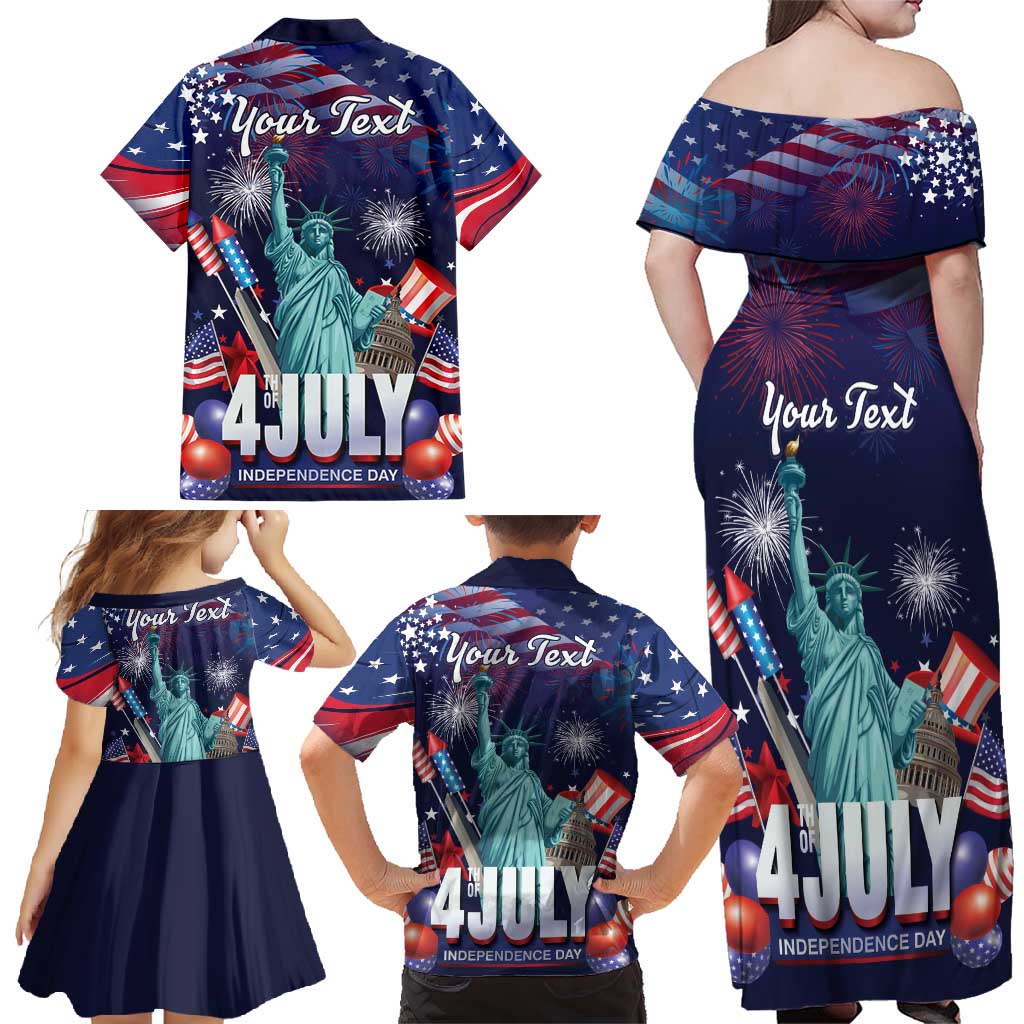Personalized United States Independence Day Family Matching Off Shoulder Maxi Dress and Hawaiian Shirt Statue of Liberty for 4th of July