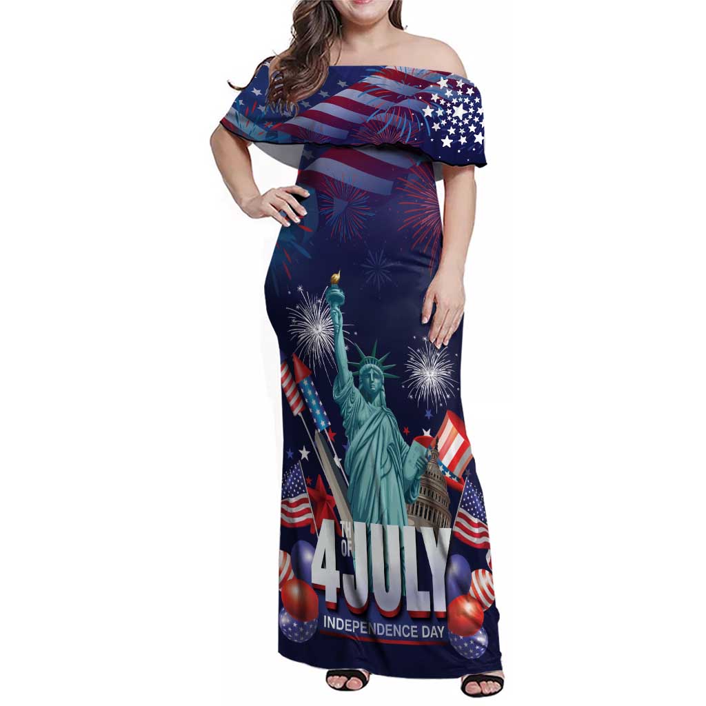 Personalized United States Independence Day Family Matching Off Shoulder Maxi Dress and Hawaiian Shirt Statue of Liberty for 4th of July