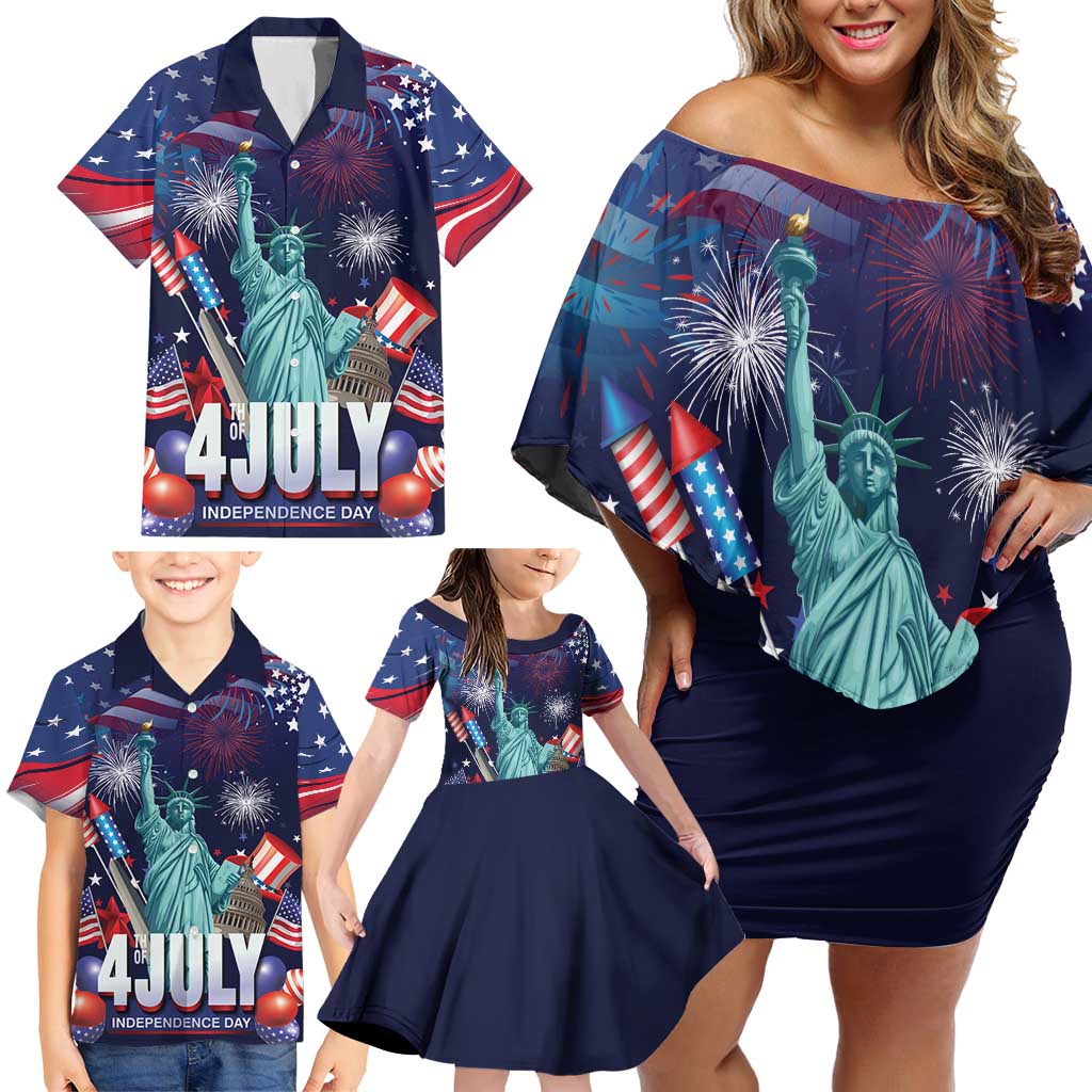 Personalized United States Independence Day Family Matching Off Shoulder Short Dress and Hawaiian Shirt Statue of Liberty for 4th of July
