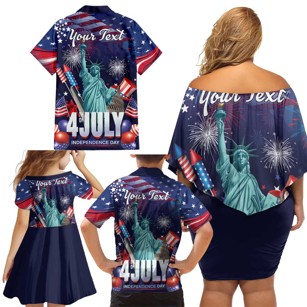 Personalized United States Independence Day Family Matching Off Shoulder Short Dress and Hawaiian Shirt Statue of Liberty for 4th of July