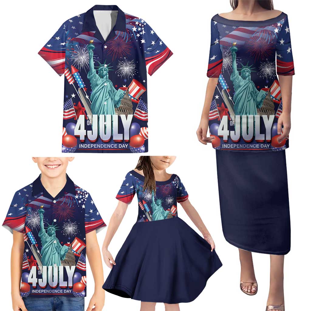 Personalized United States Independence Day Family Matching Puletasi and Hawaiian Shirt Statue of Liberty for 4th of July