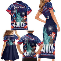 Personalized United States Independence Day Family Matching Short Sleeve Bodycon Dress and Hawaiian Shirt Statue of Liberty for 4th of July