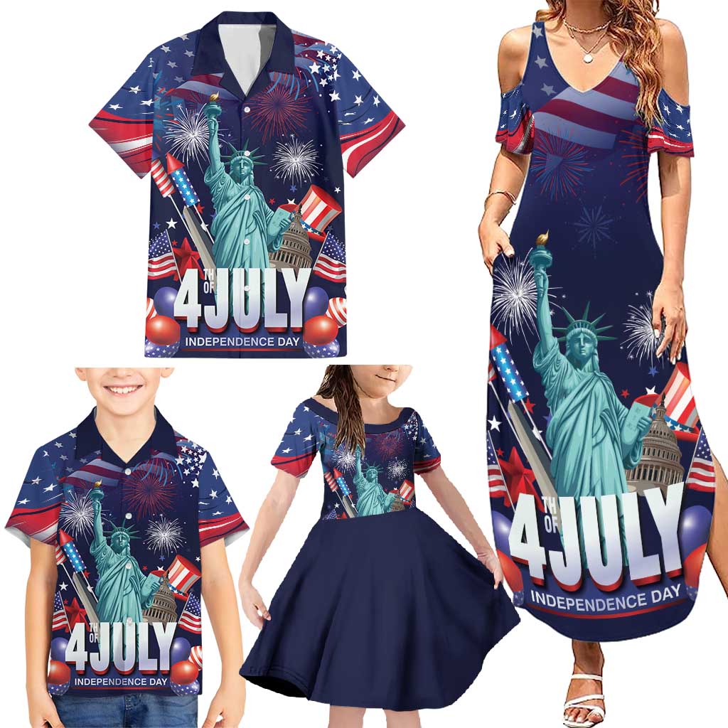 Personalized United States Independence Day Family Matching Summer Maxi Dress and Hawaiian Shirt Statue of Liberty for 4th of July