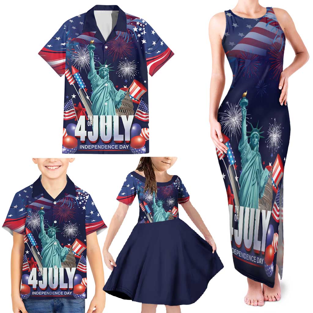 Personalized United States Independence Day Family Matching Tank Maxi Dress and Hawaiian Shirt Statue of Liberty for 4th of July