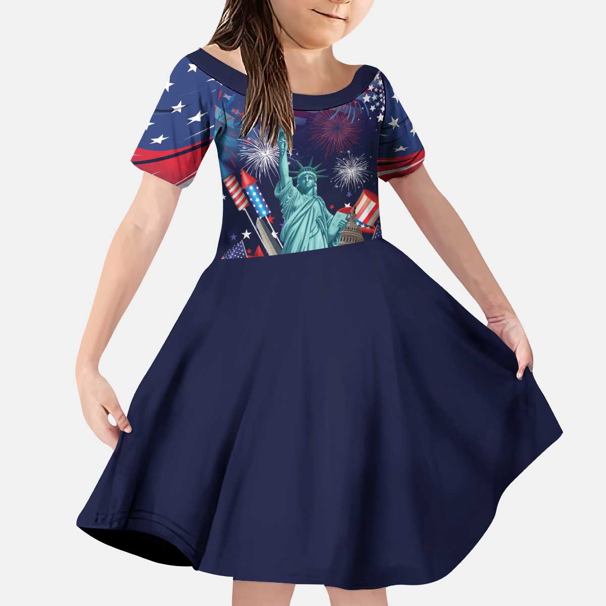Personalized United States Independence Day Kid Short Sleeve Dress Statue of Liberty for 4th of July