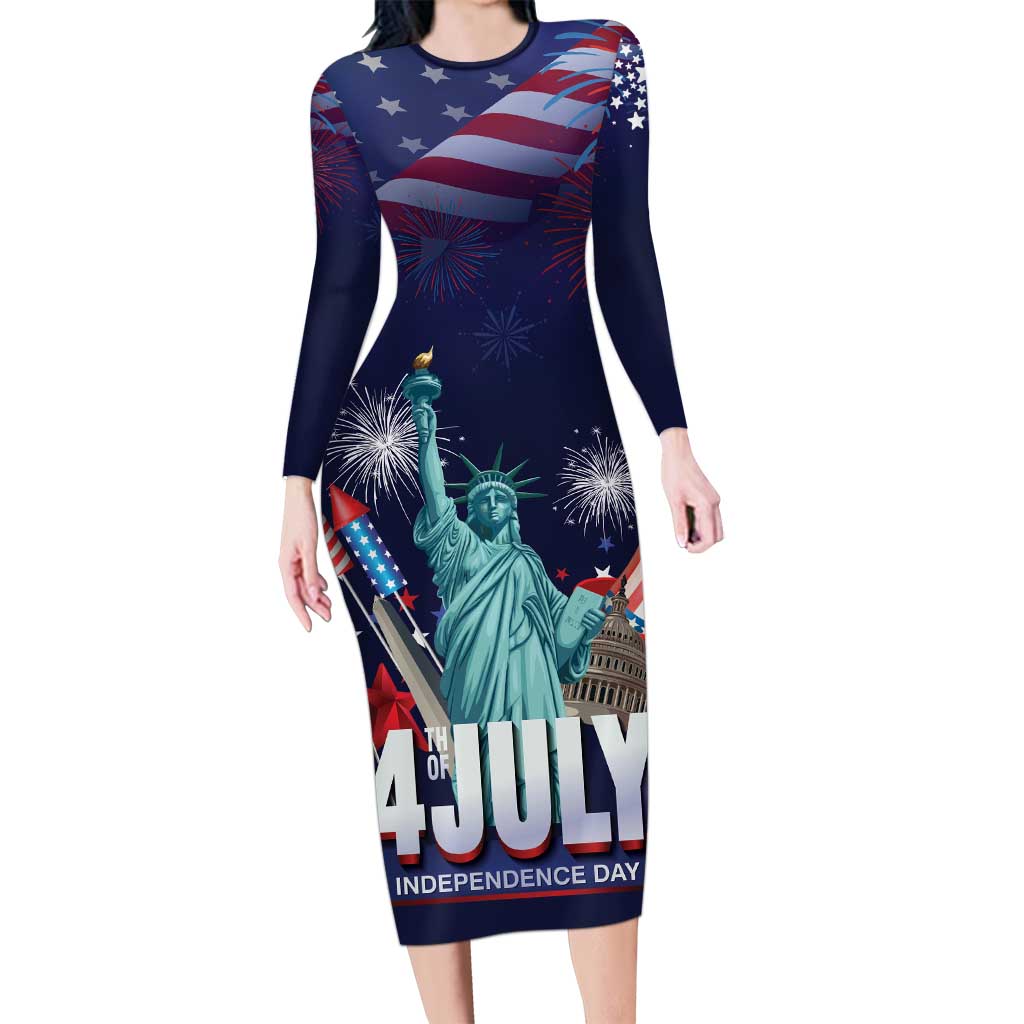 Personalized United States Independence Day Long Sleeve Bodycon Dress Statue of Liberty for 4th of July
