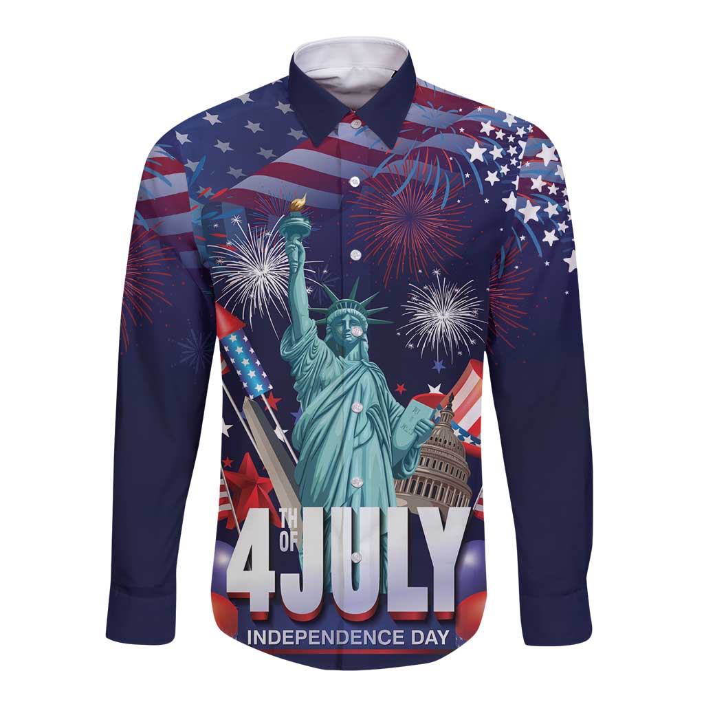 Personalized United States Independence Day Long Sleeve Button Shirt Statue of Liberty for 4th of July