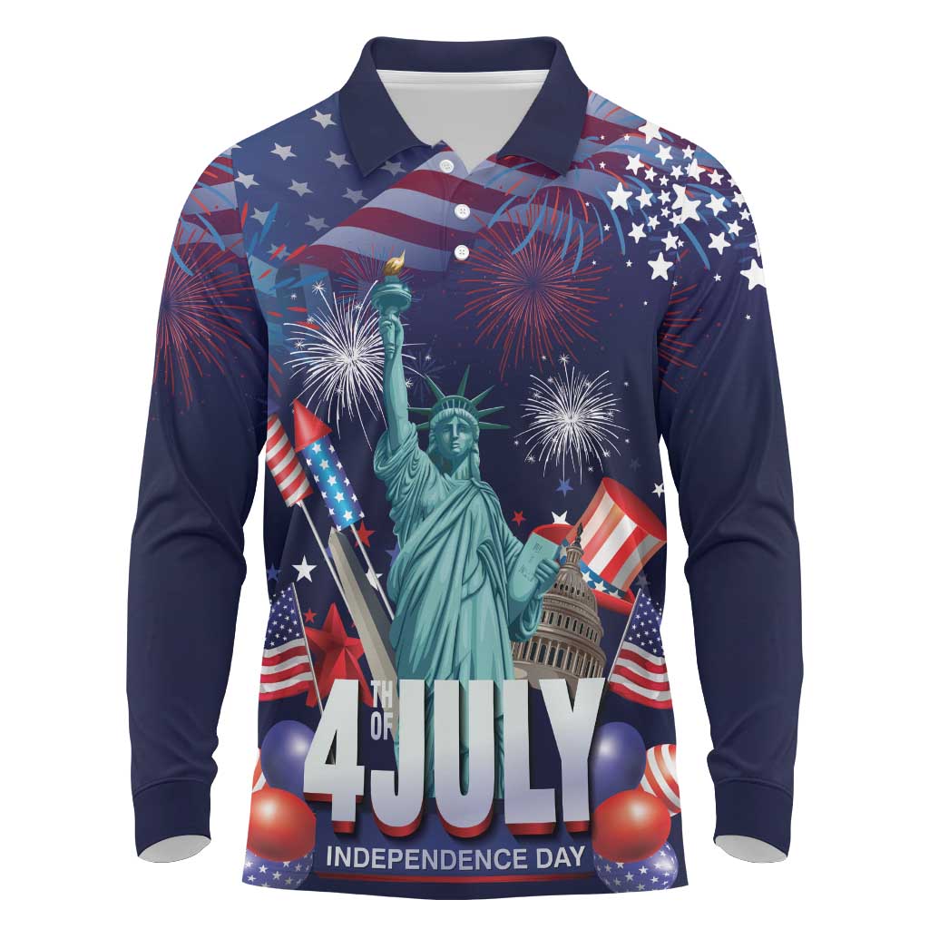 Personalized United States Independence Day Long Sleeve Polo Shirt Statue of Liberty for 4th of July