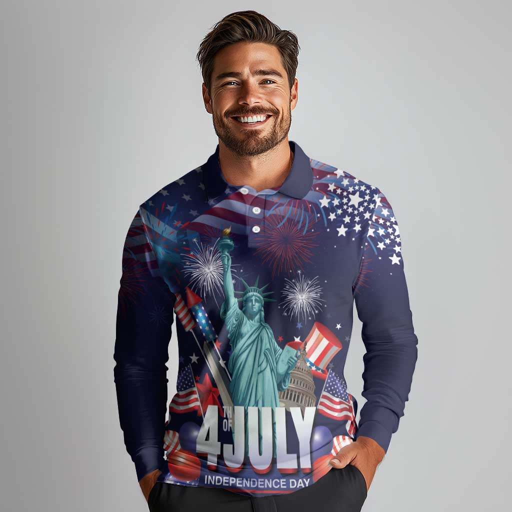 Personalized United States Independence Day Long Sleeve Polo Shirt Statue of Liberty for 4th of July