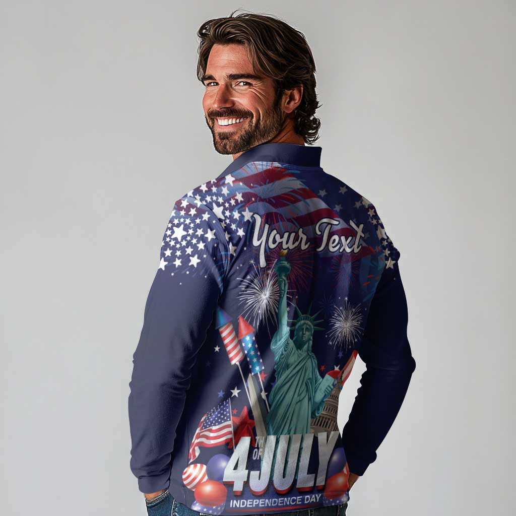 Personalized United States Independence Day Long Sleeve Polo Shirt Statue of Liberty for 4th of July