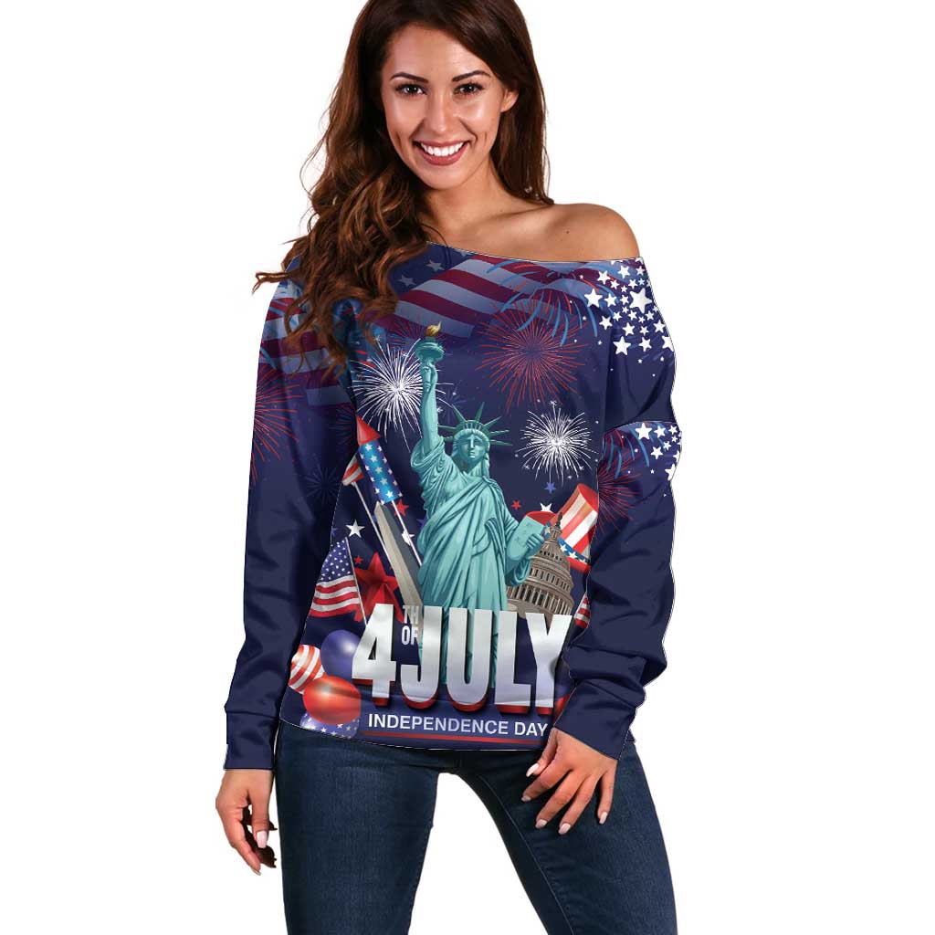 Personalized United States Independence Day Off Shoulder Sweater Statue of Liberty for 4th of July