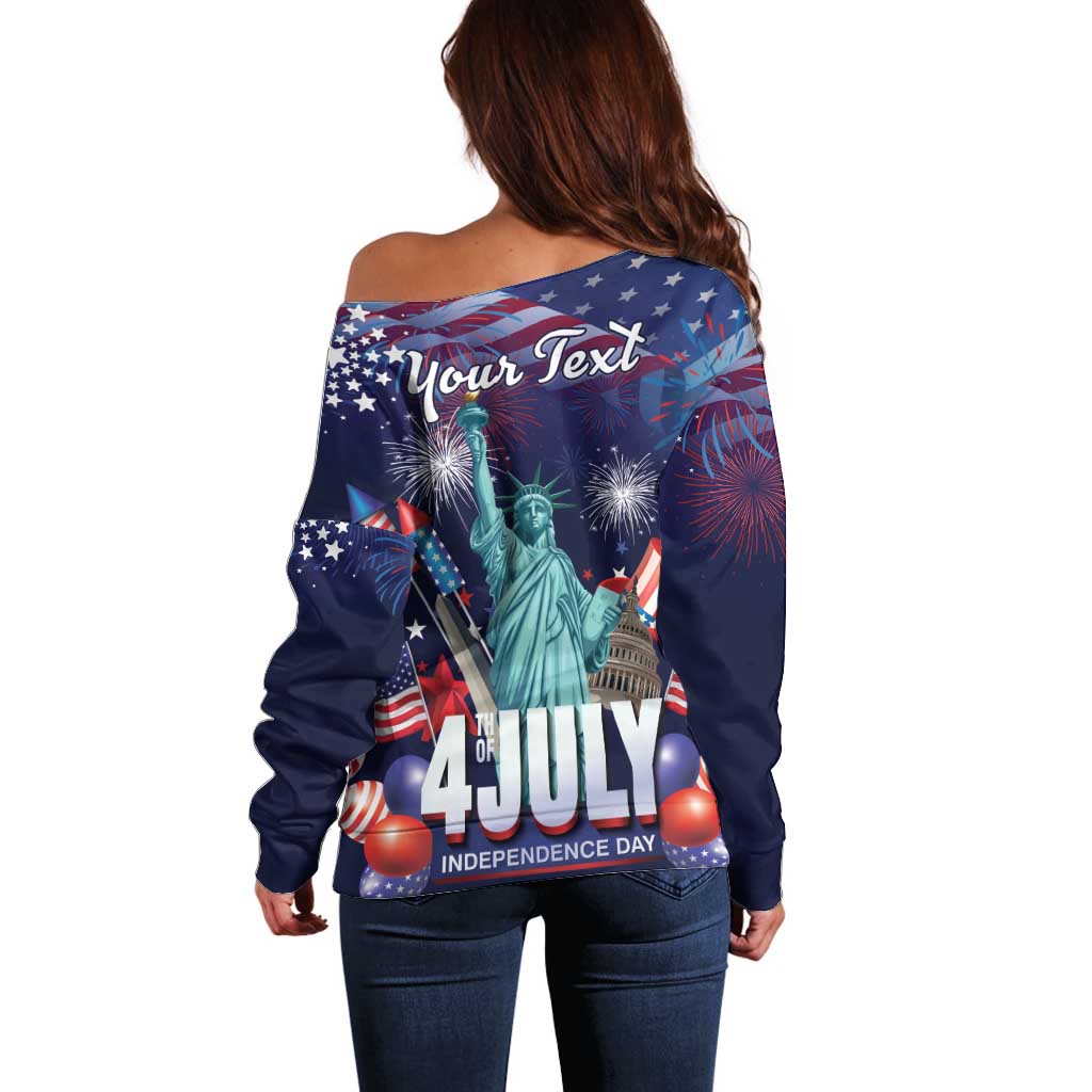 Personalized United States Independence Day Off Shoulder Sweater Statue of Liberty for 4th of July
