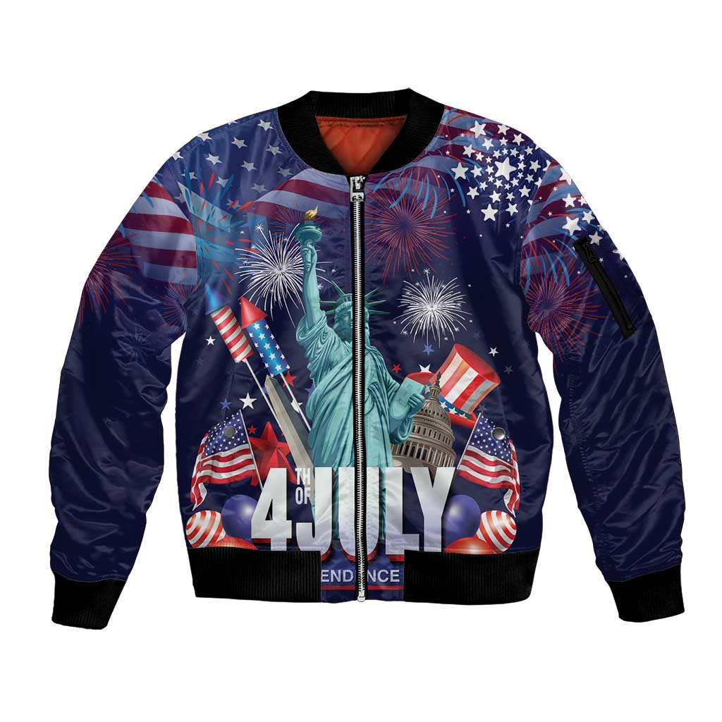 Personalized United States Independence Day Sleeve Zip Bomber Jacket Statue of Liberty for 4th of July