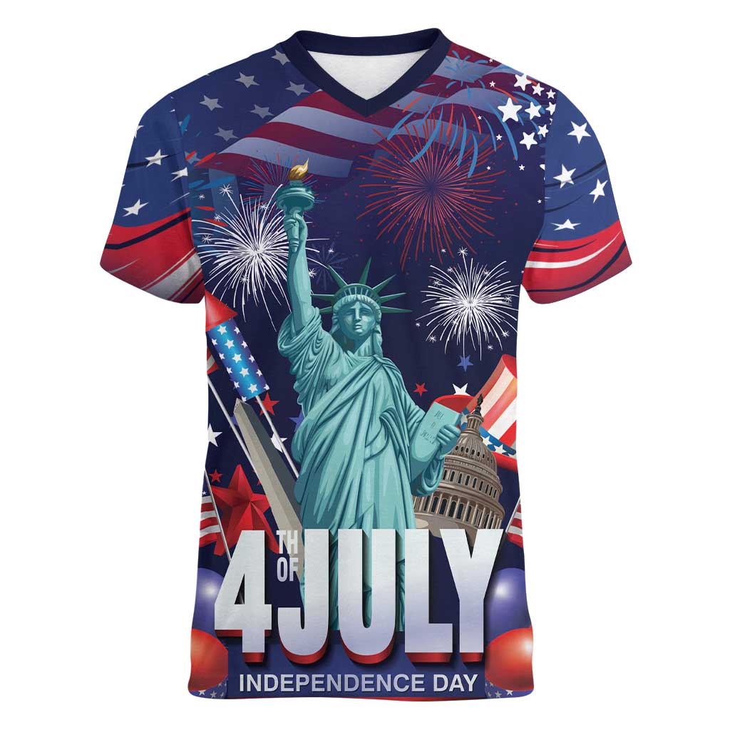 Personalized United States Independence Day Women V-Neck T-Shirt Statue of Liberty for 4th of July