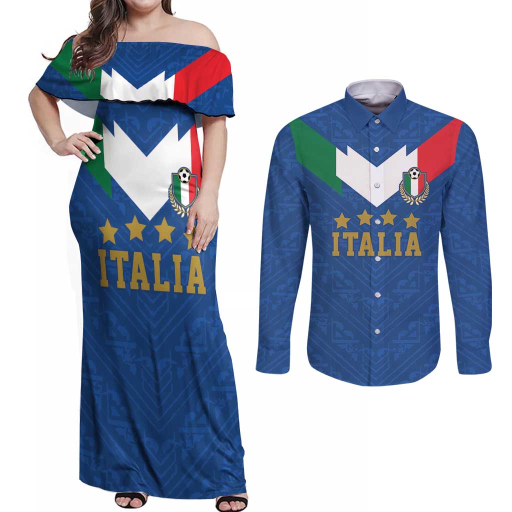 Custom Italy Football Couples Matching Off Shoulder Maxi Dress and Long Sleeve Button Shirt Come On Gli Azzurri