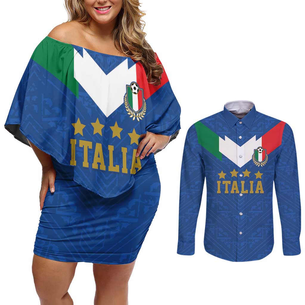 Custom Italy Football Couples Matching Off Shoulder Short Dress and Long Sleeve Button Shirt Come On Gli Azzurri
