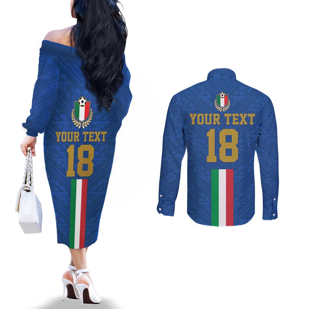 Custom Italy Football Couples Matching Off The Shoulder Long Sleeve Dress and Long Sleeve Button Shirt Come On Gli Azzurri