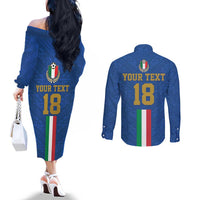 Custom Italy Football Couples Matching Off The Shoulder Long Sleeve Dress and Long Sleeve Button Shirt Come On Gli Azzurri