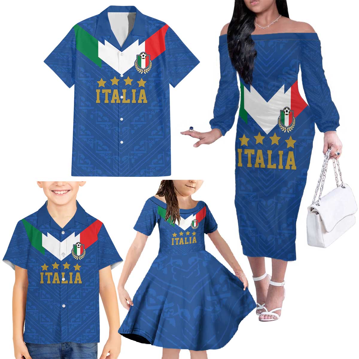 Custom Italy Football Family Matching Off The Shoulder Long Sleeve Dress and Hawaiian Shirt Come On Gli Azzurri