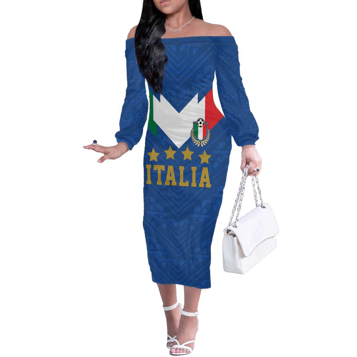 Custom Italy Football Off The Shoulder Long Sleeve Dress Come On Gli Azzurri