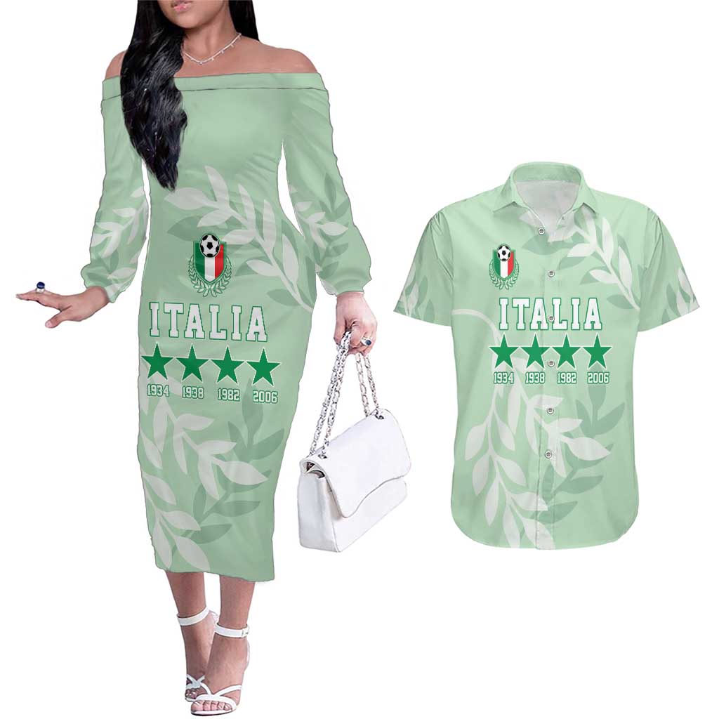 Custom Italy Football Couples Matching Off The Shoulder Long Sleeve Dress and Hawaiian Shirt Nazionale di calcio dell'Italia