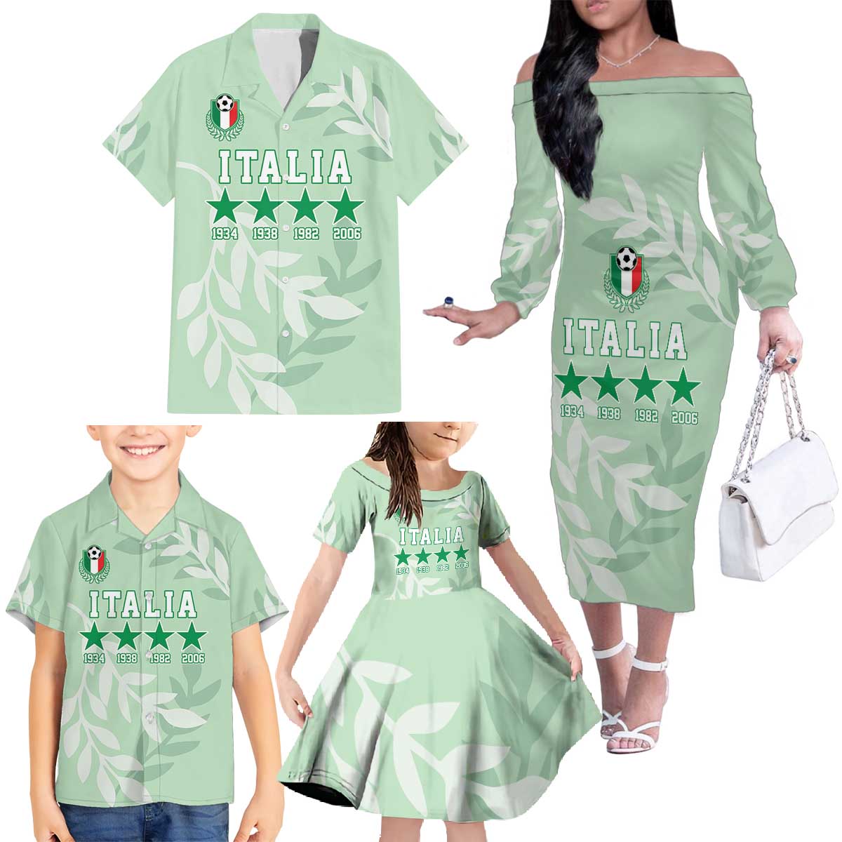 Custom Italy Football Family Matching Off The Shoulder Long Sleeve Dress and Hawaiian Shirt Nazionale di calcio dell'Italia