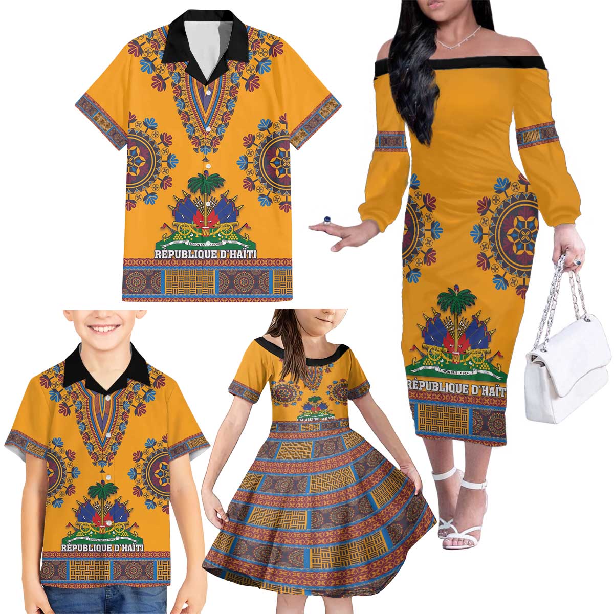 Personalized Haiti Dashiki Family Matching Off The Shoulder Long Sleeve Dress and Hawaiian Shirt - Wonder Print Shop