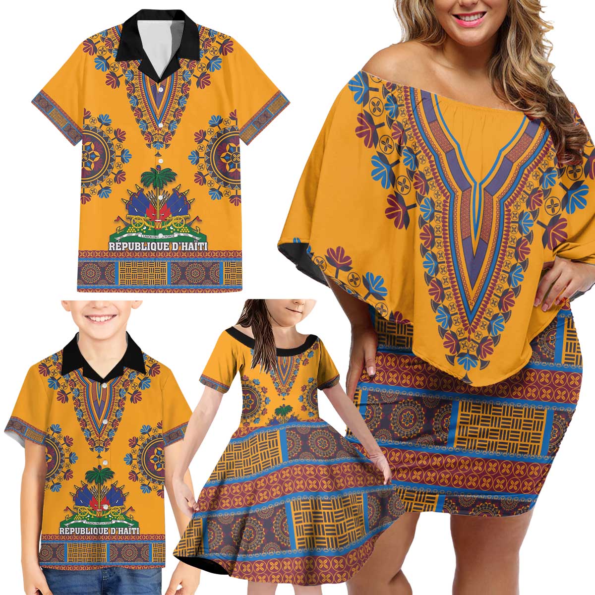 Personalized Haiti Dashiki Family Matching Off Shoulder Short Dress and Hawaiian Shirt - Wonder Print Shop