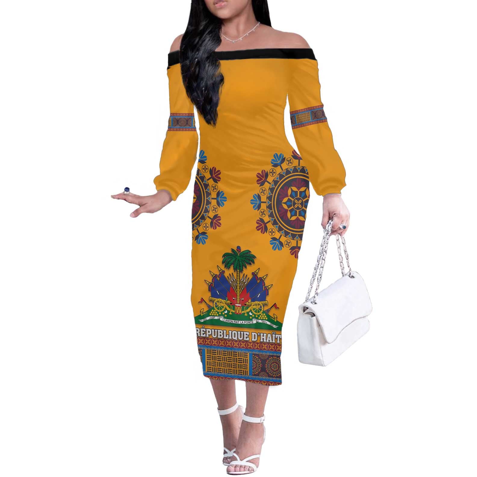 Personalized Haiti Dashiki Off The Shoulder Long Sleeve Dress - Wonder Print Shop