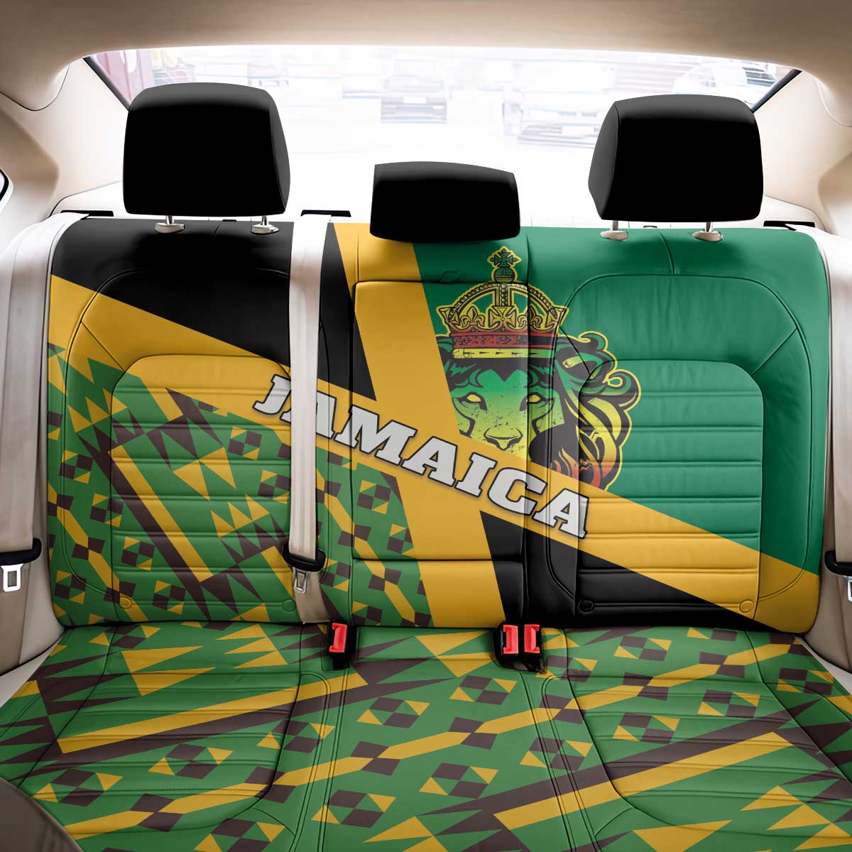Jamaica Lion Rastafarian Back Car Seat Cover With Kente Pattern - Wonder Print Shop