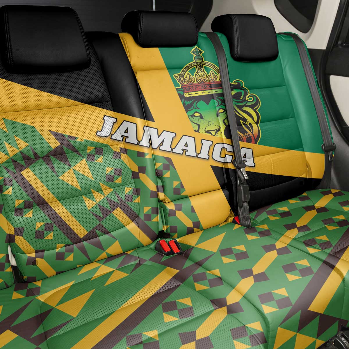 Jamaica Lion Rastafarian Back Car Seat Cover With Kente Pattern - Wonder Print Shop