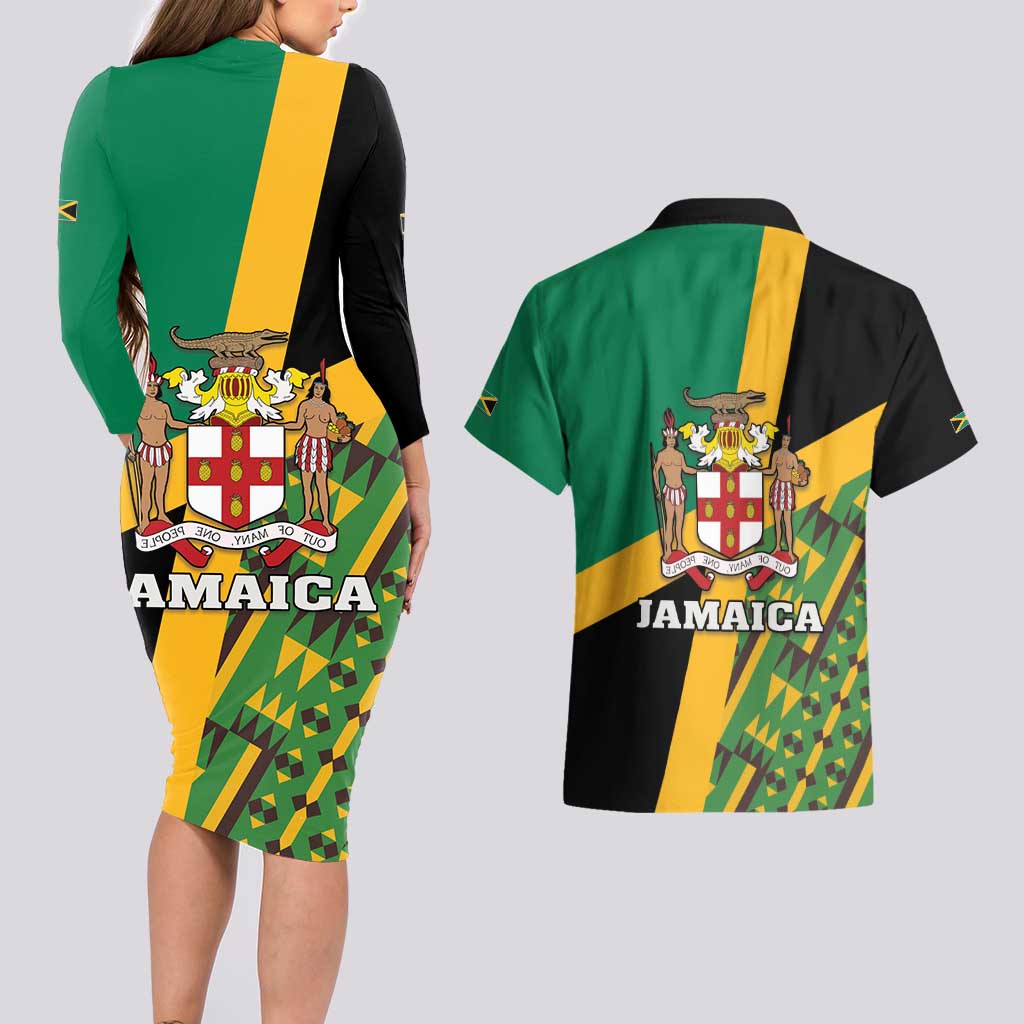 Jamaica Lion Rastafarian Couples Matching Long Sleeve Bodycon Dress and Hawaiian Shirt With Kente Pattern - Wonder Print Shop