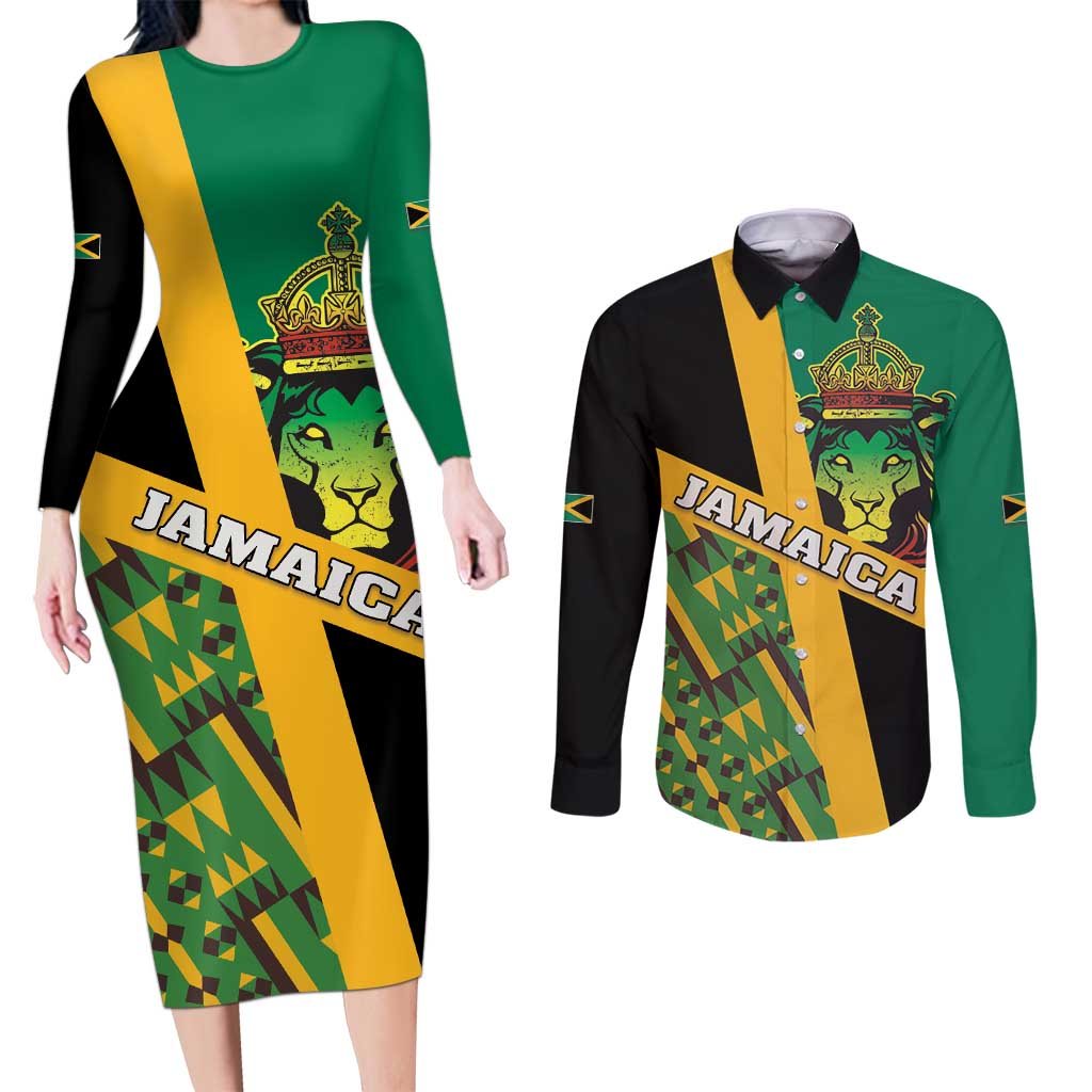 Jamaica Lion Rastafarian Couples Matching Long Sleeve Bodycon Dress and Long Sleeve Button Shirt With Kente Pattern - Wonder Print Shop
