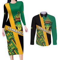 Jamaica Lion Rastafarian Couples Matching Long Sleeve Bodycon Dress and Long Sleeve Button Shirt With Kente Pattern - Wonder Print Shop