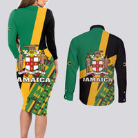 Jamaica Lion Rastafarian Couples Matching Long Sleeve Bodycon Dress and Long Sleeve Button Shirt With Kente Pattern - Wonder Print Shop