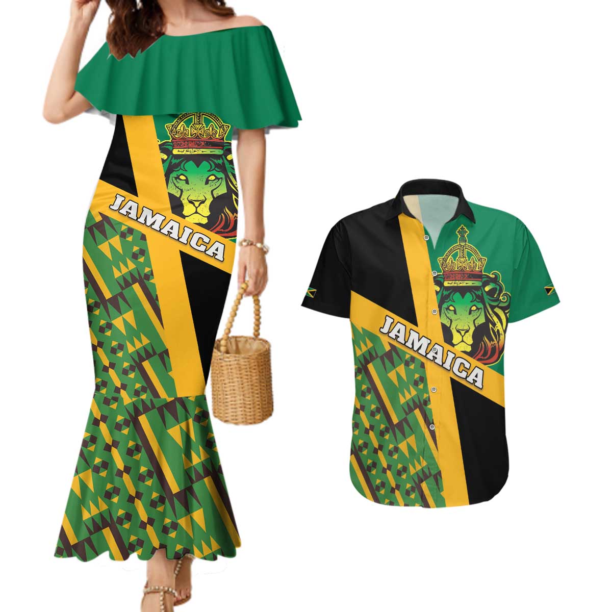 Jamaica Lion Rastafarian Couples Matching Mermaid Dress and Hawaiian Shirt With Kente Pattern - Wonder Print Shop