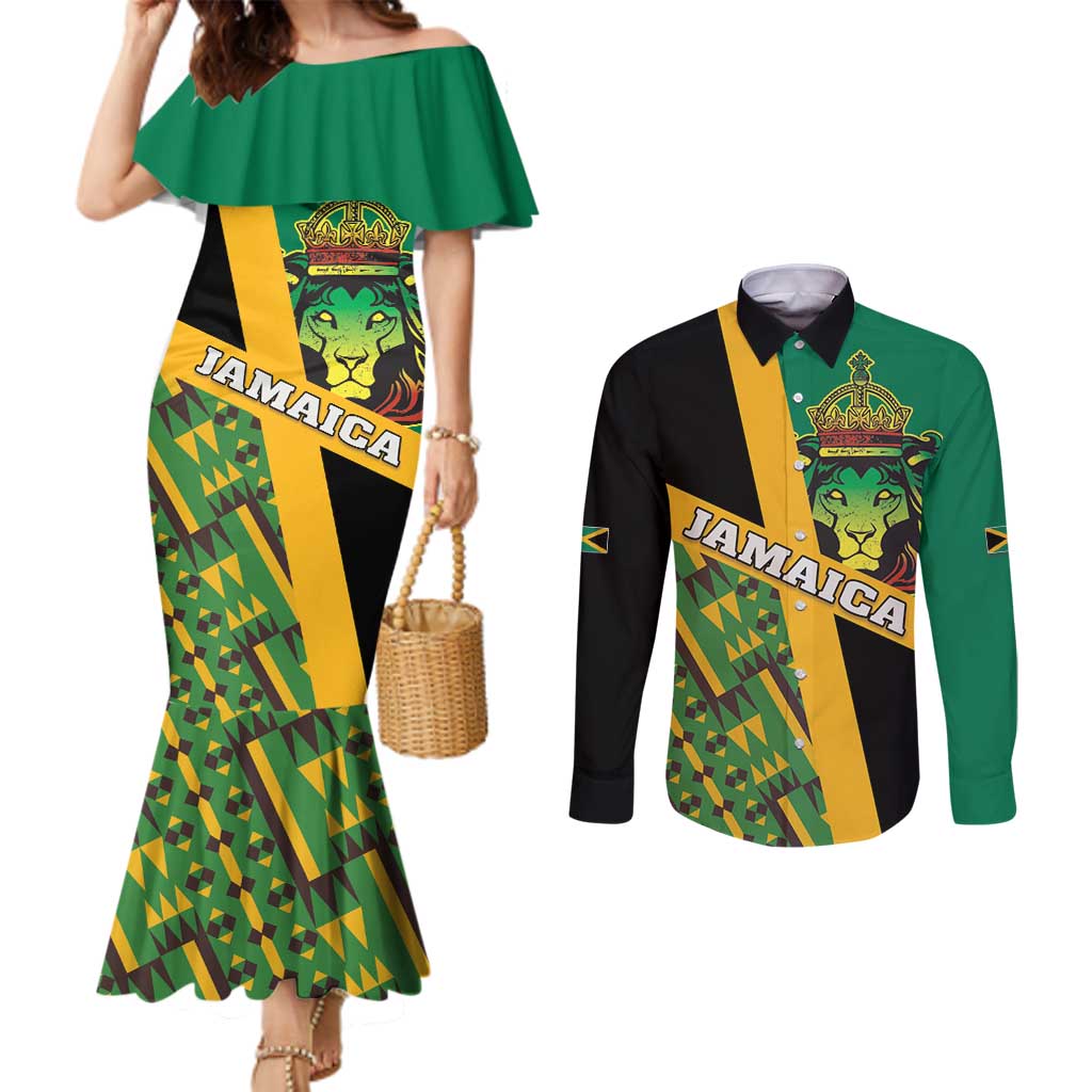 Jamaica Lion Rastafarian Couples Matching Mermaid Dress and Long Sleeve Button Shirt With Kente Pattern