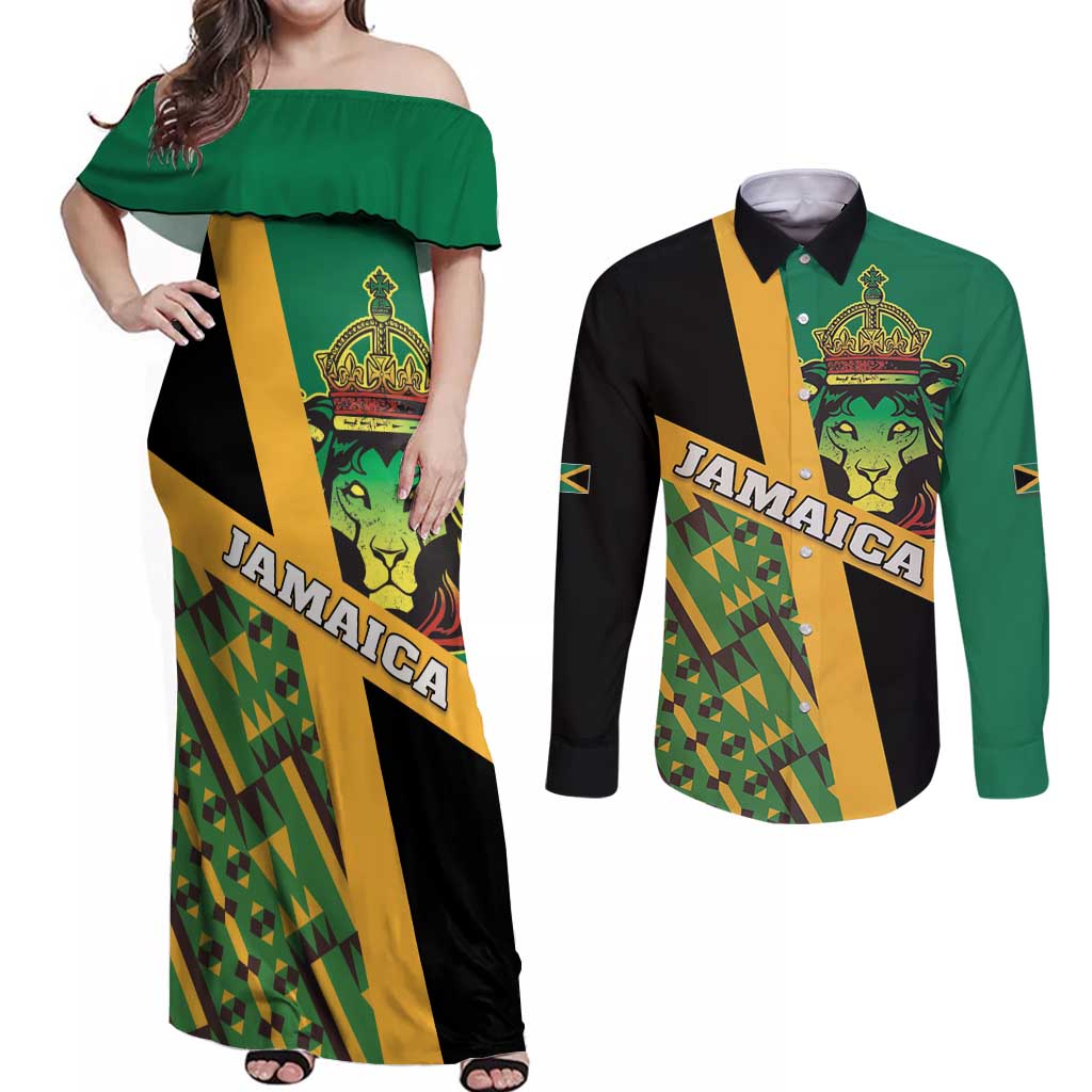 Jamaica Lion Rastafarian Couples Matching Off Shoulder Maxi Dress and Long Sleeve Button Shirt With Kente Pattern - Wonder Print Shop