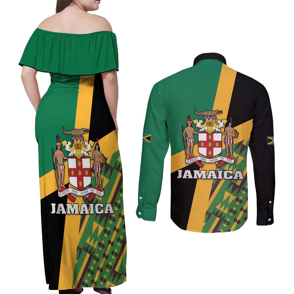 Jamaica Lion Rastafarian Couples Matching Off Shoulder Maxi Dress and Long Sleeve Button Shirt With Kente Pattern - Wonder Print Shop