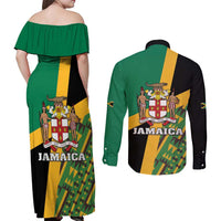 Jamaica Lion Rastafarian Couples Matching Off Shoulder Maxi Dress and Long Sleeve Button Shirt With Kente Pattern - Wonder Print Shop