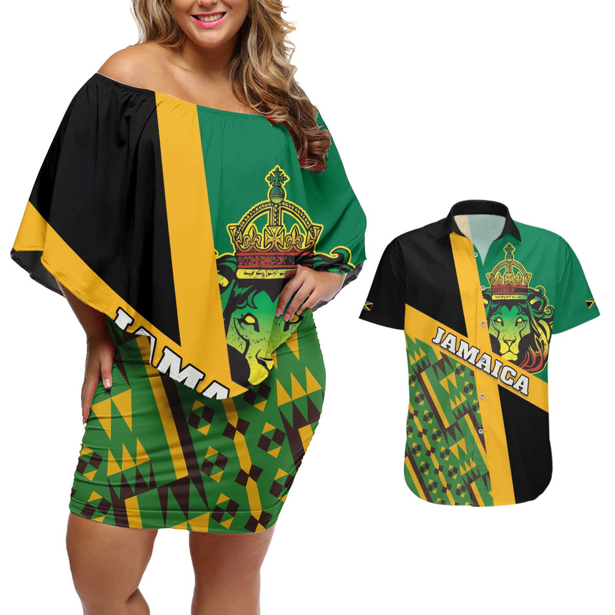 Jamaica Lion Rastafarian Couples Matching Off Shoulder Short Dress and Hawaiian Shirt With Kente Pattern - Wonder Print Shop