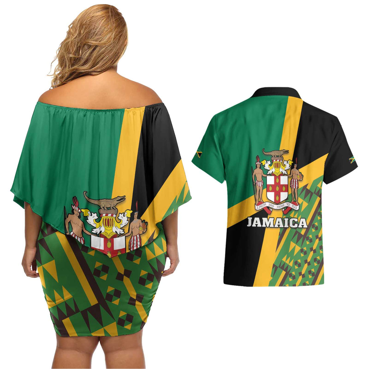 Jamaica Lion Rastafarian Couples Matching Off Shoulder Short Dress and Hawaiian Shirt With Kente Pattern - Wonder Print Shop
