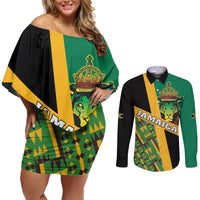 Jamaica Lion Rastafarian Couples Matching Off Shoulder Short Dress and Long Sleeve Button Shirt With Kente Pattern - Wonder Print Shop
