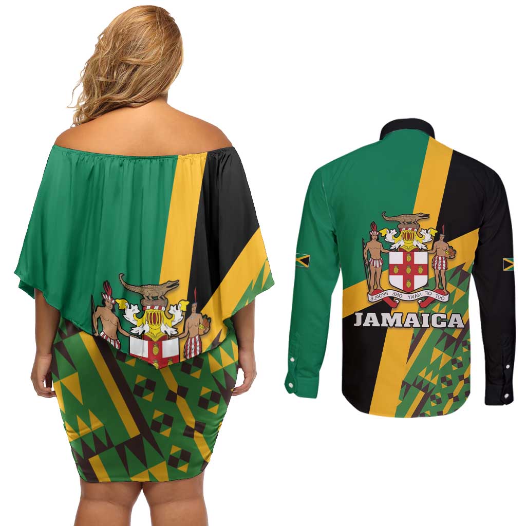 Jamaica Lion Rastafarian Couples Matching Off Shoulder Short Dress and Long Sleeve Button Shirt With Kente Pattern - Wonder Print Shop