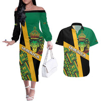 Jamaica Lion Rastafarian Couples Matching Off The Shoulder Long Sleeve Dress and Hawaiian Shirt With Kente Pattern - Wonder Print Shop