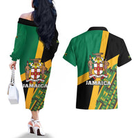 Jamaica Lion Rastafarian Couples Matching Off The Shoulder Long Sleeve Dress and Hawaiian Shirt With Kente Pattern - Wonder Print Shop