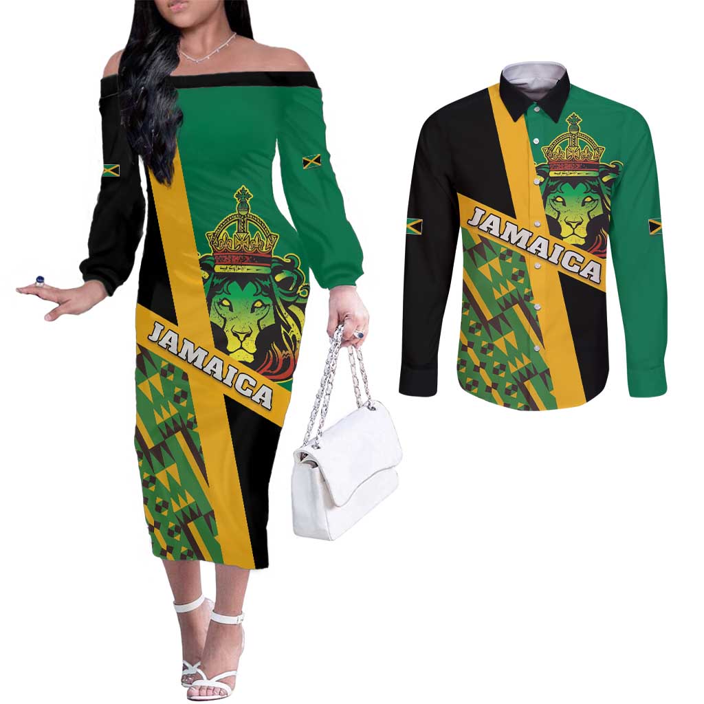 Jamaica Lion Rastafarian Couples Matching Off The Shoulder Long Sleeve Dress and Long Sleeve Button Shirt With Kente Pattern
