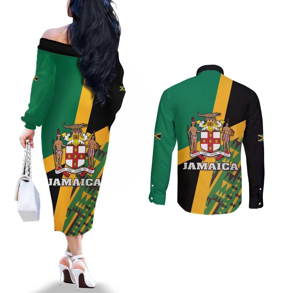 Jamaica Lion Rastafarian Couples Matching Off The Shoulder Long Sleeve Dress and Long Sleeve Button Shirt With Kente Pattern