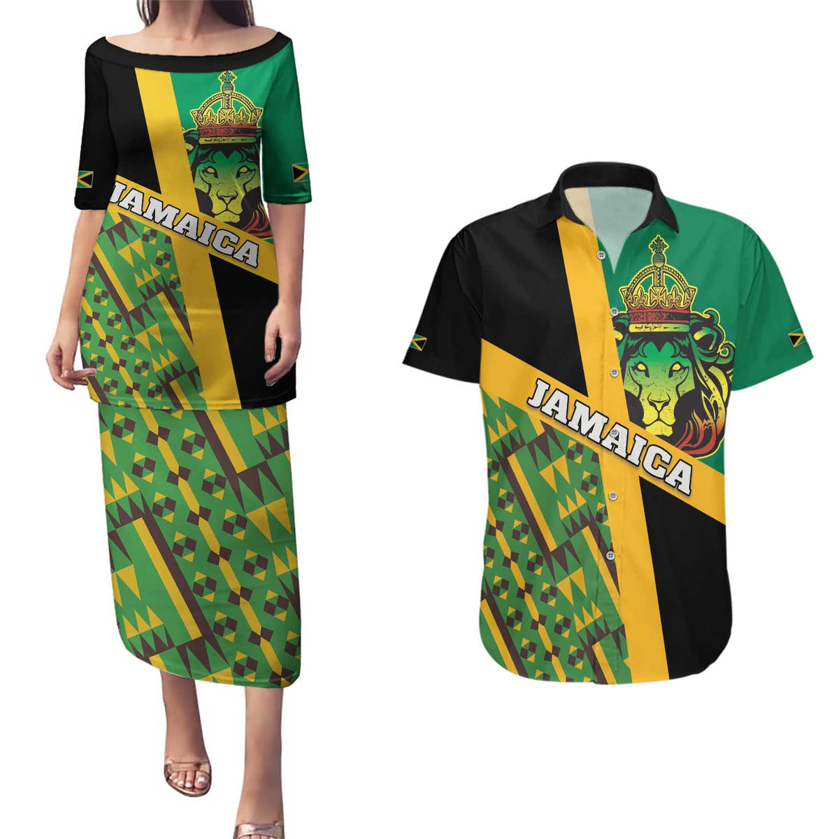 Jamaica Lion Rastafarian Couples Matching Puletasi and Hawaiian Shirt With Kente Pattern - Wonder Print Shop