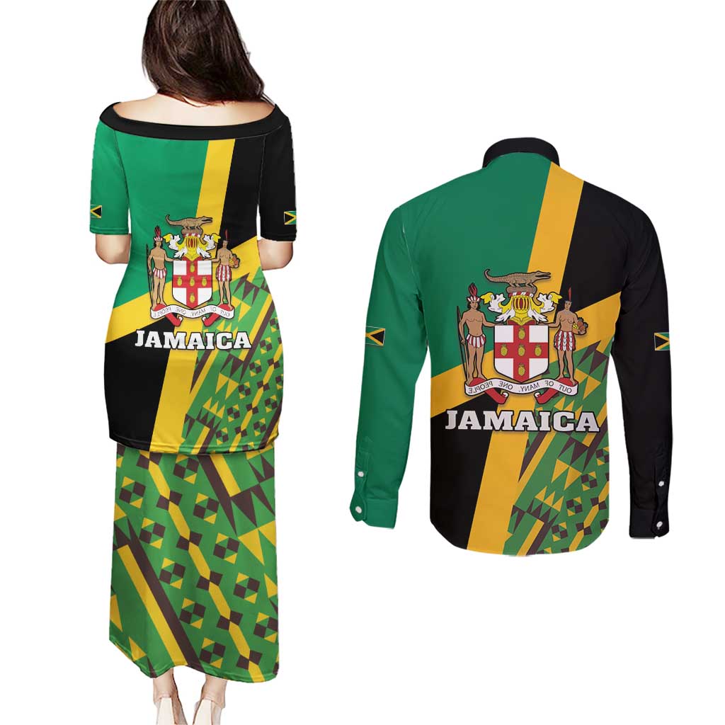 Jamaica Lion Rastafarian Couples Matching Puletasi and Long Sleeve Button Shirt With Kente Pattern - Wonder Print Shop